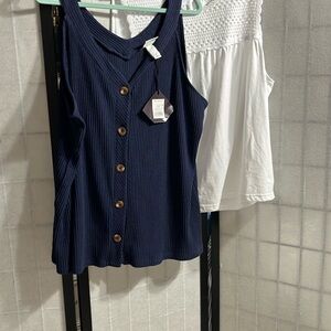 Set of 2 tops, Navy Button-Down Ribbed & White Crochet Top Tank Tops,